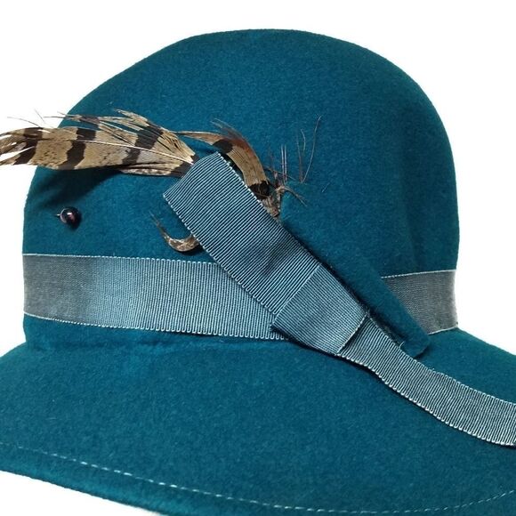 𝅺VTG 50s Peachfeld Wool Turquoise Feather Fedora - Picture 4 of 8